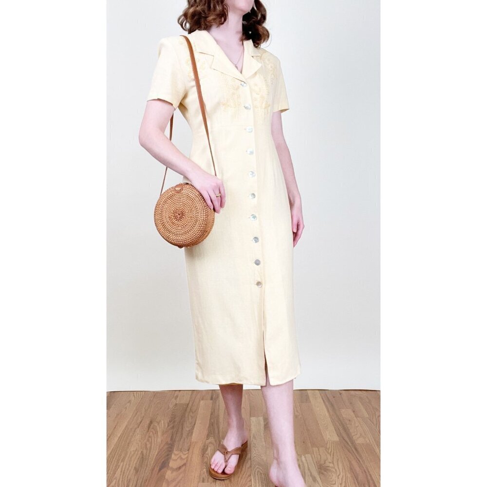 Vintage Linen Floral Embroidered Button Up Down Midi Dress Summer Sun Sundress - Picture 7 of 7